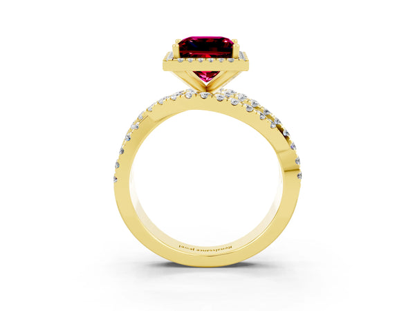 Yellow gold Princess Cut Garnet Halo Ring with Round Split Shank and Prong Setting