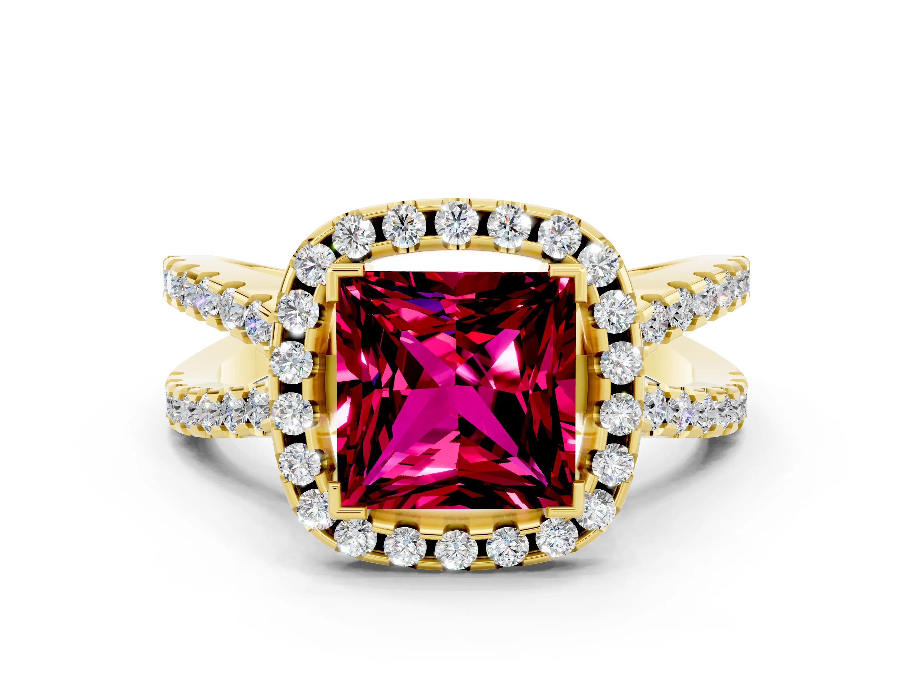 Yellow gold Princess Cut Garnet Halo Ring with Split Shank Pavé Band and Prong Setting
