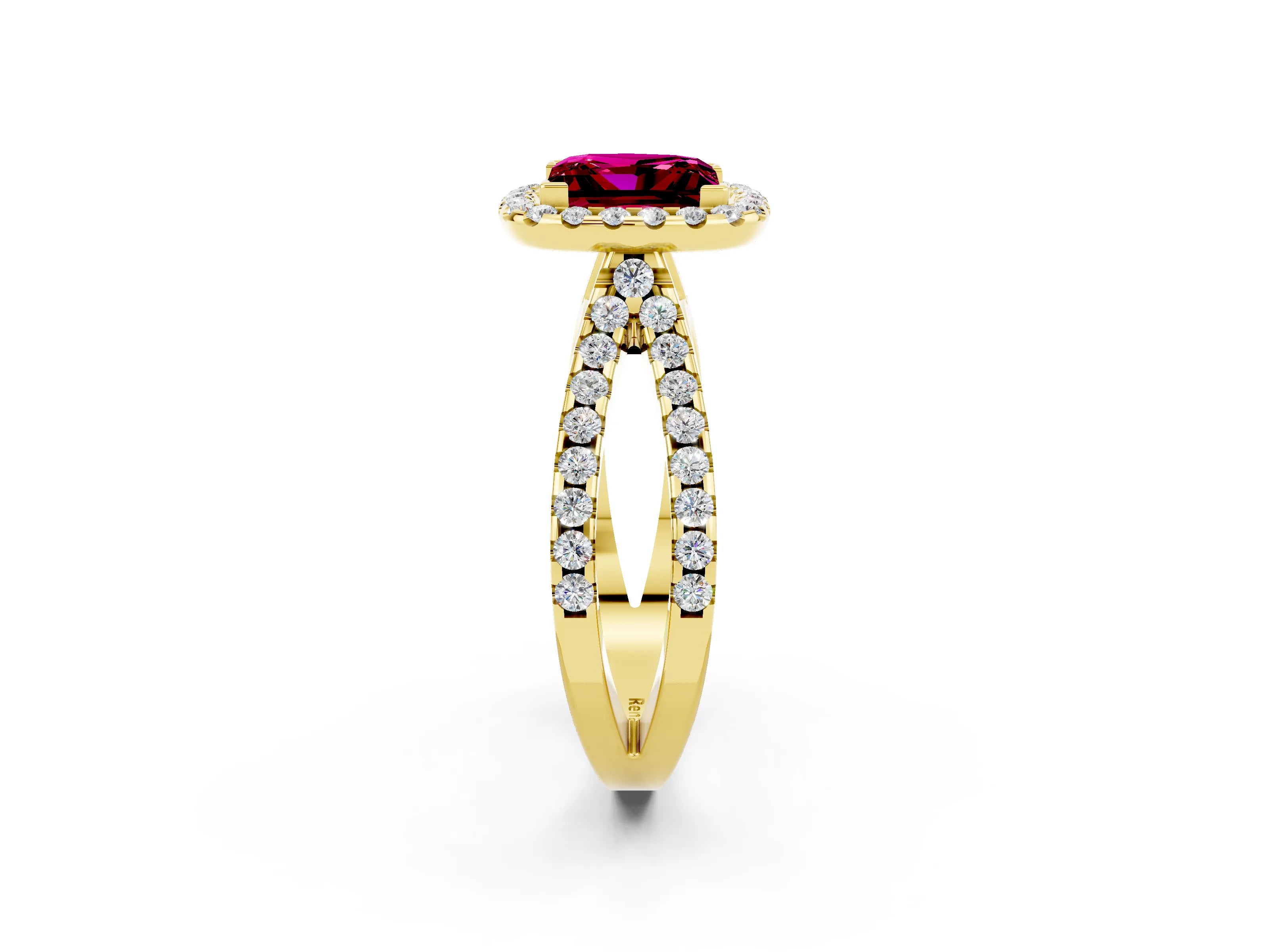 Yellow gold Princess Cut Garnet Halo Ring with Split Shank Pavé Band and Prong Setting_2