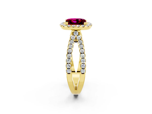 Yellow gold Princess Cut Garnet Halo Ring with Split Shank Pavé Band and Prong Setting
