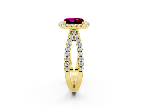 Yellow gold Princess Cut Garnet Halo Ring with Split Shank Pavé Band and Prong Setting_2