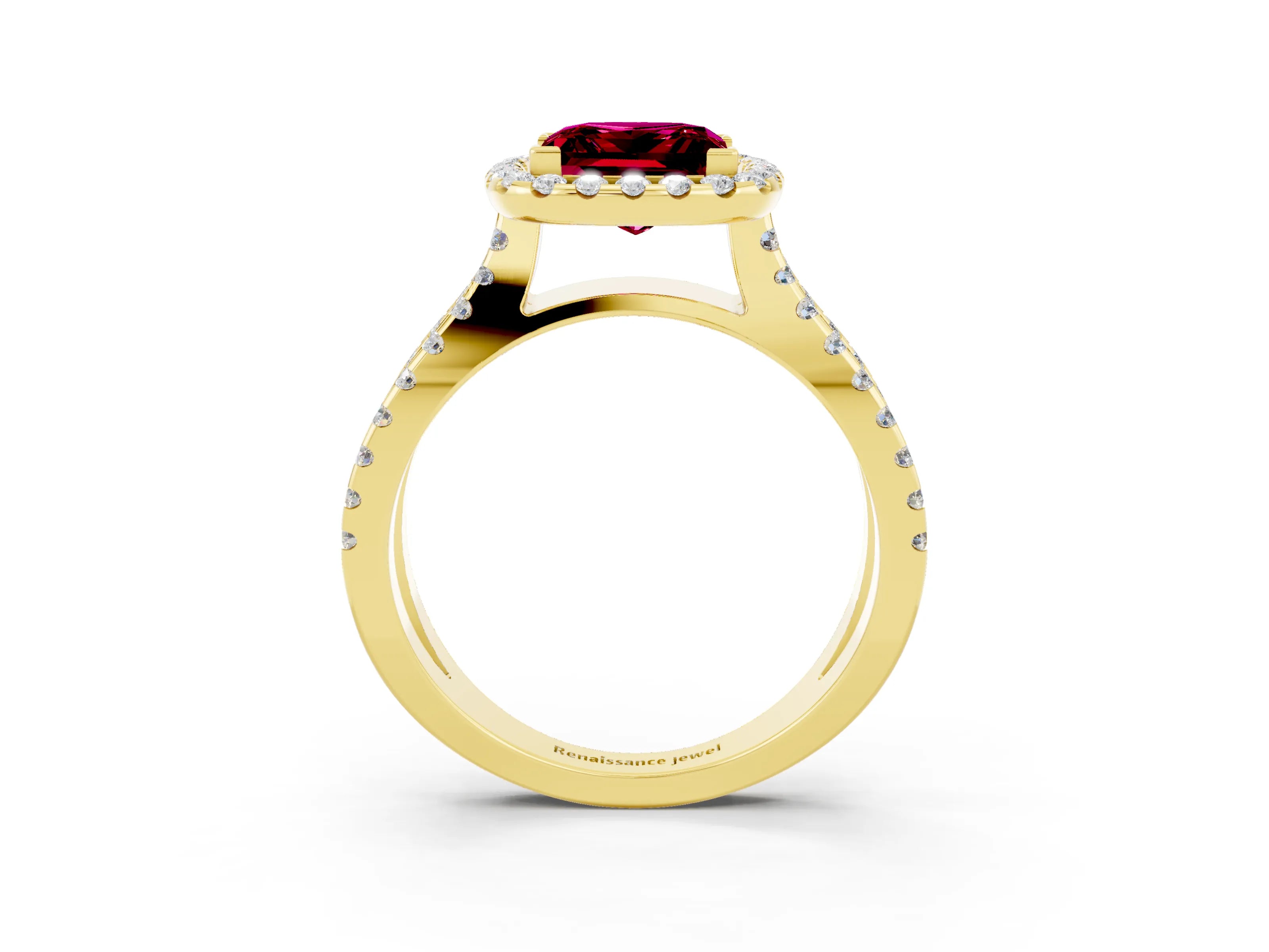 Yellow gold Princess Cut Garnet Halo Ring with Split Shank Pavé Band and Prong Setting_3