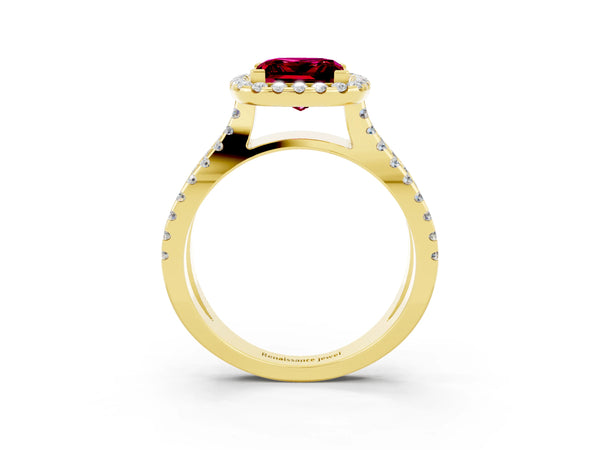 Yellow gold Princess Cut Garnet Halo Ring with Split Shank Pavé Band and Prong Setting