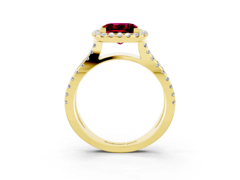 Yellow gold Princess Cut Garnet Halo Ring with Split Shank Pavé Band and Prong Setting_3