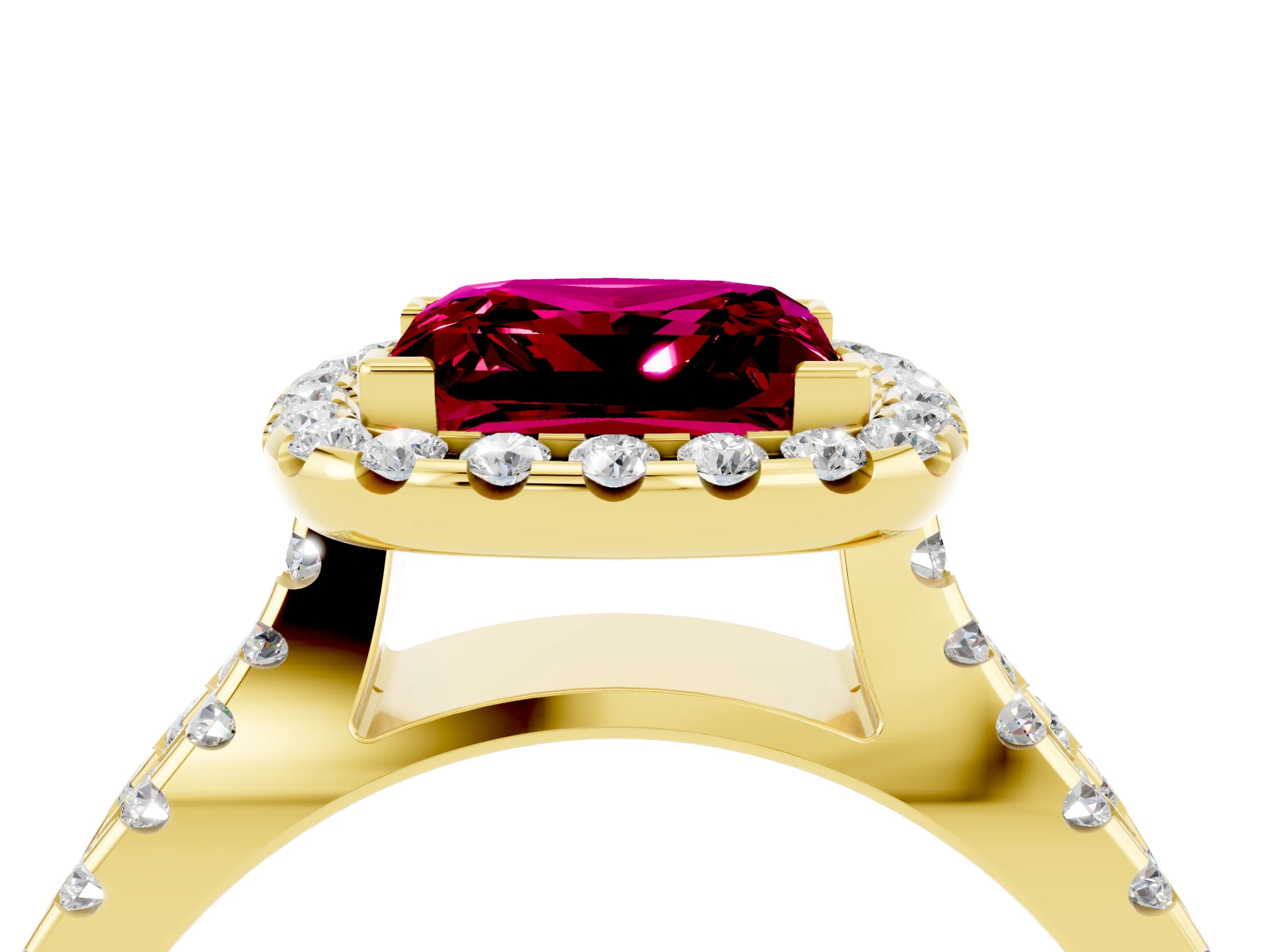 Yellow gold Princess Cut Garnet Halo Ring with Split Shank Pavé Band and Prong Setting_4
