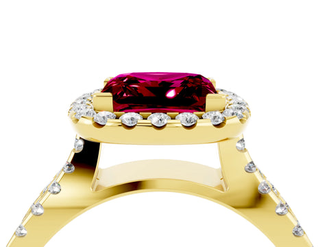 Yellow gold Princess Cut Garnet Halo Ring with Split Shank Pavé Band and Prong Setting_4