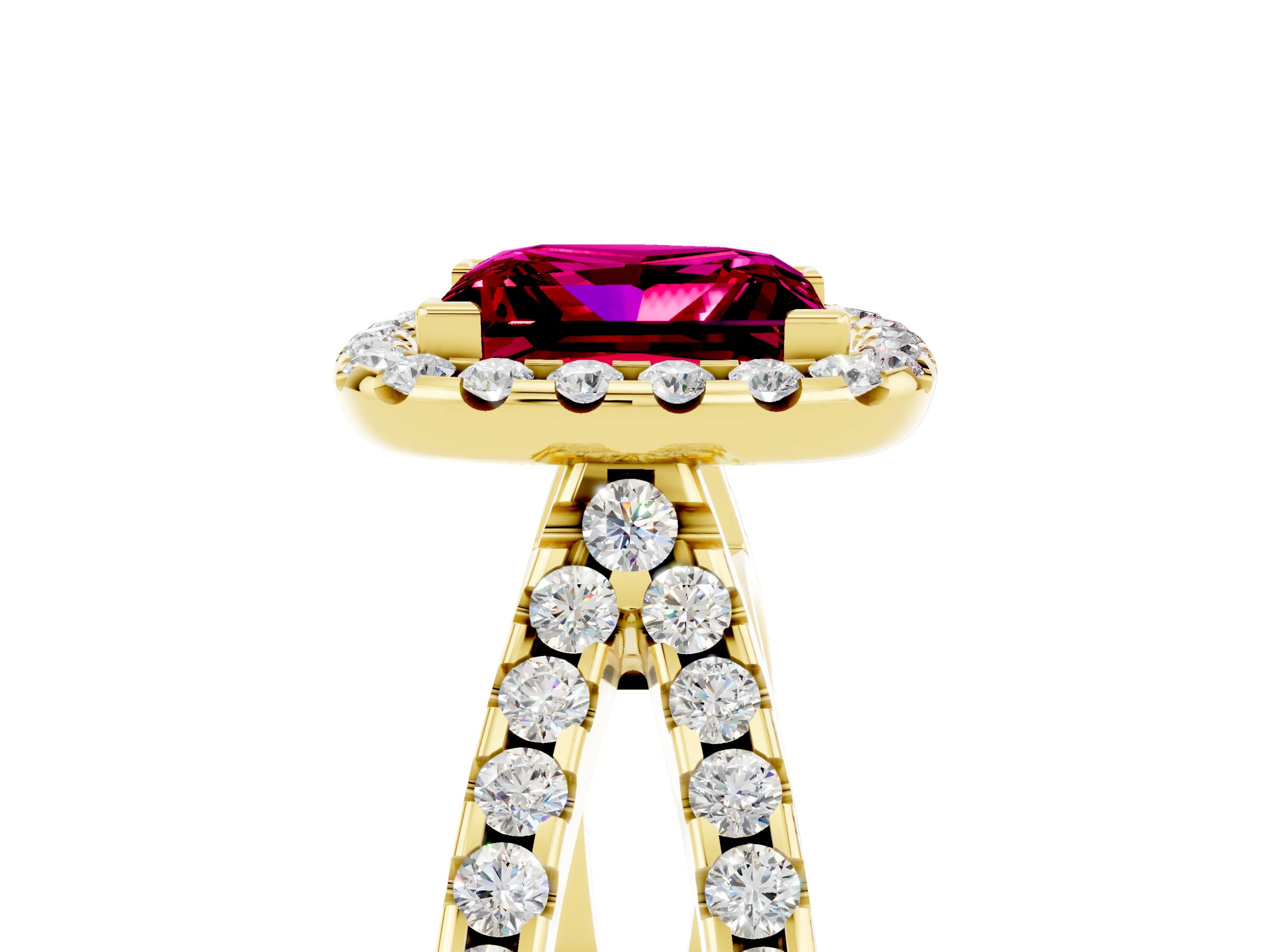 Yellow gold Princess Cut Garnet Halo Ring with Split Shank Pavé Band and Prong Setting_5