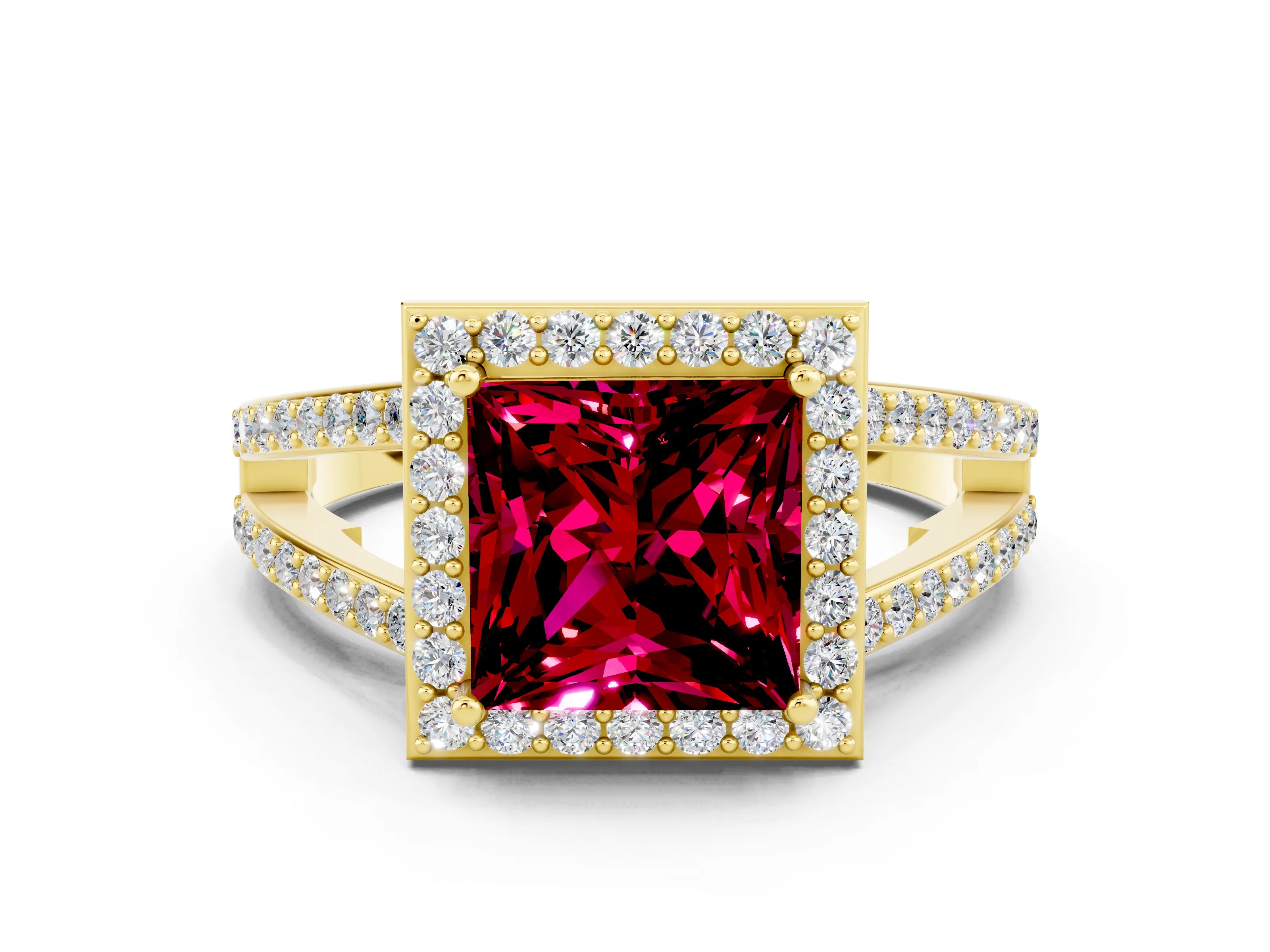 Yellow gold Princess Cut Garnet Halo Ring with Split Shank U-Prong Band and Four-Prong Setting