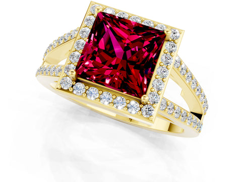 Yellow gold Princess Cut Garnet Halo Ring with Split Shank U-Prong Band and Four-Prong Setting_1