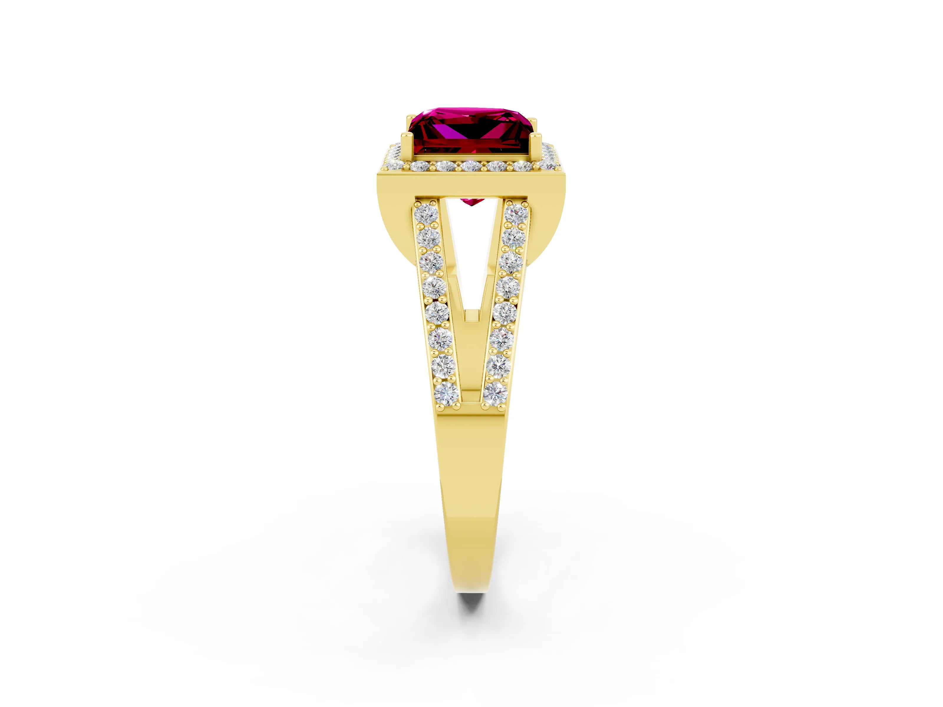 Yellow gold Princess Cut Garnet Halo Ring with Split Shank U-Prong Band and Four-Prong Setting_2