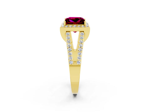 Yellow gold Princess Cut Garnet Halo Ring with Split Shank U-Prong Band and Four-Prong Setting_2
