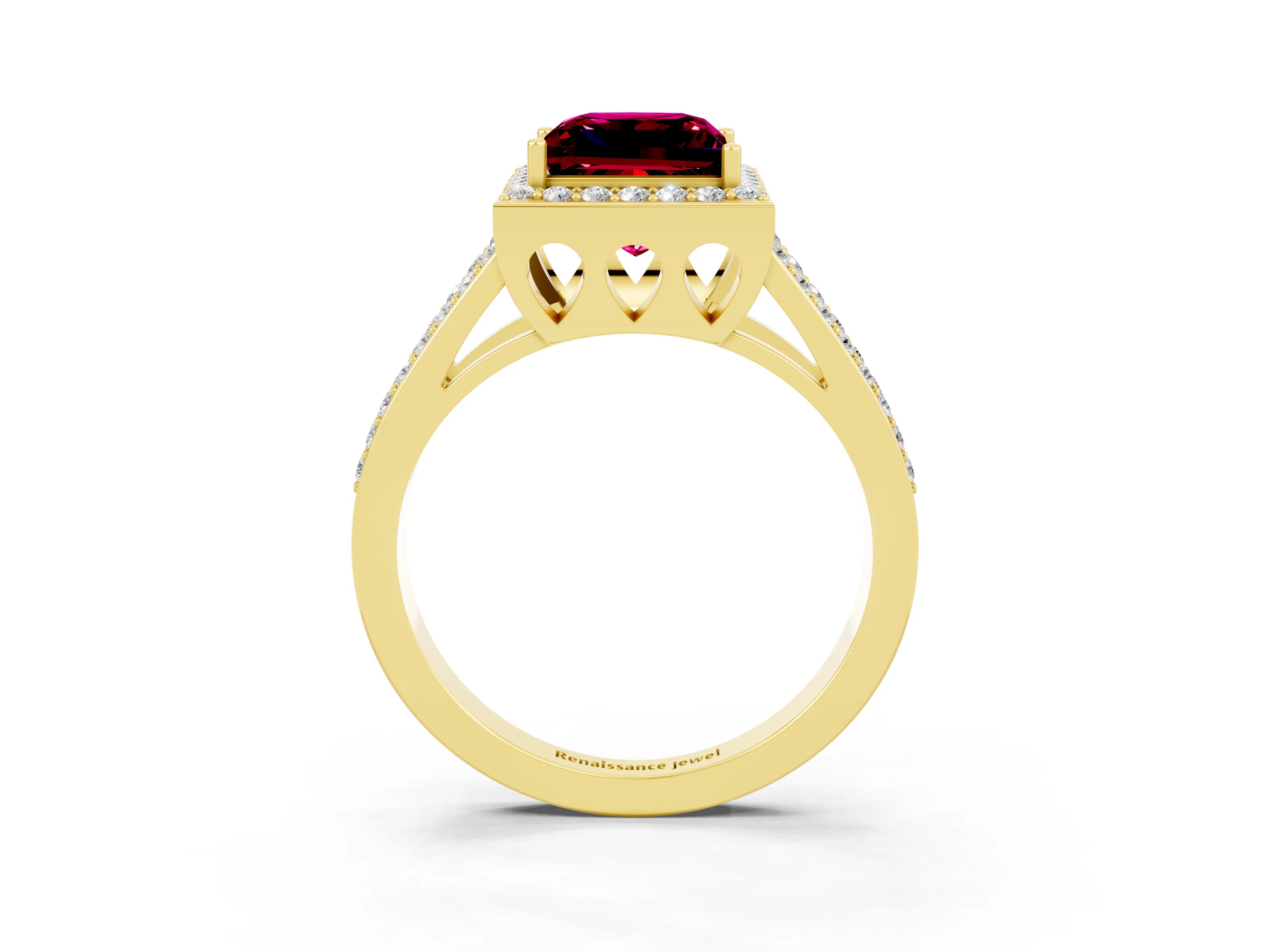 Yellow gold Princess Cut Garnet Halo Ring with Split Shank U-Prong Band and Four-Prong Setting_3
