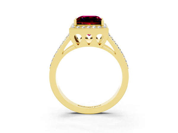 Yellow gold Princess Cut Garnet Halo Ring with Split Shank U-Prong Band and Four-Prong Setting