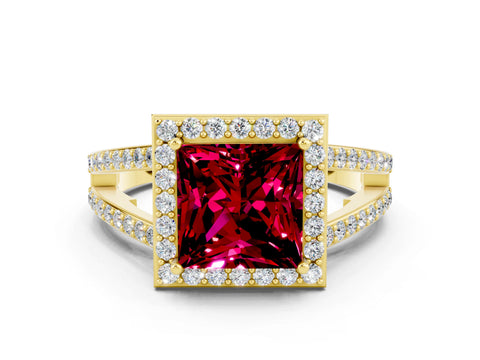 Yellow gold Princess Cut Garnet Halo Ring with Split Shank U-Prong Band and Four-Prong Setting