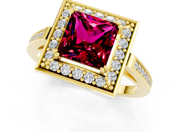 Yellow gold Princess Cut Garnet Halo Ring with Split Shank and Four-Prong Setting
