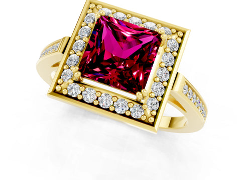 Yellow gold Princess Cut Garnet Halo Ring with Split Shank and Four-Prong Setting_1