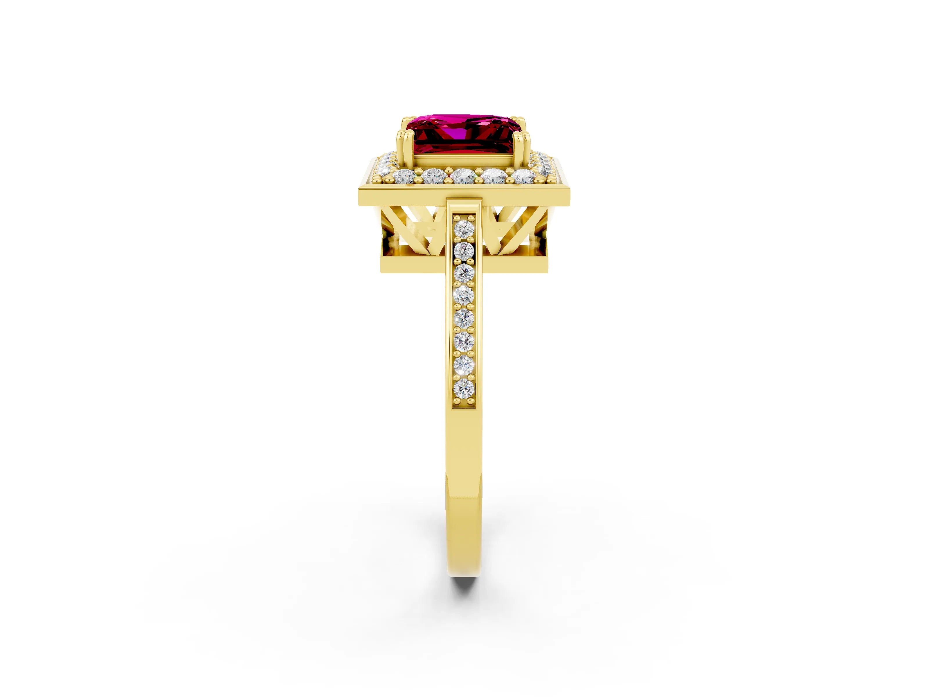 Yellow gold Princess Cut Garnet Halo Ring with Split Shank and Four-Prong Setting_2