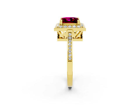 Yellow gold Princess Cut Garnet Halo Ring with Split Shank and Four-Prong Setting_2
