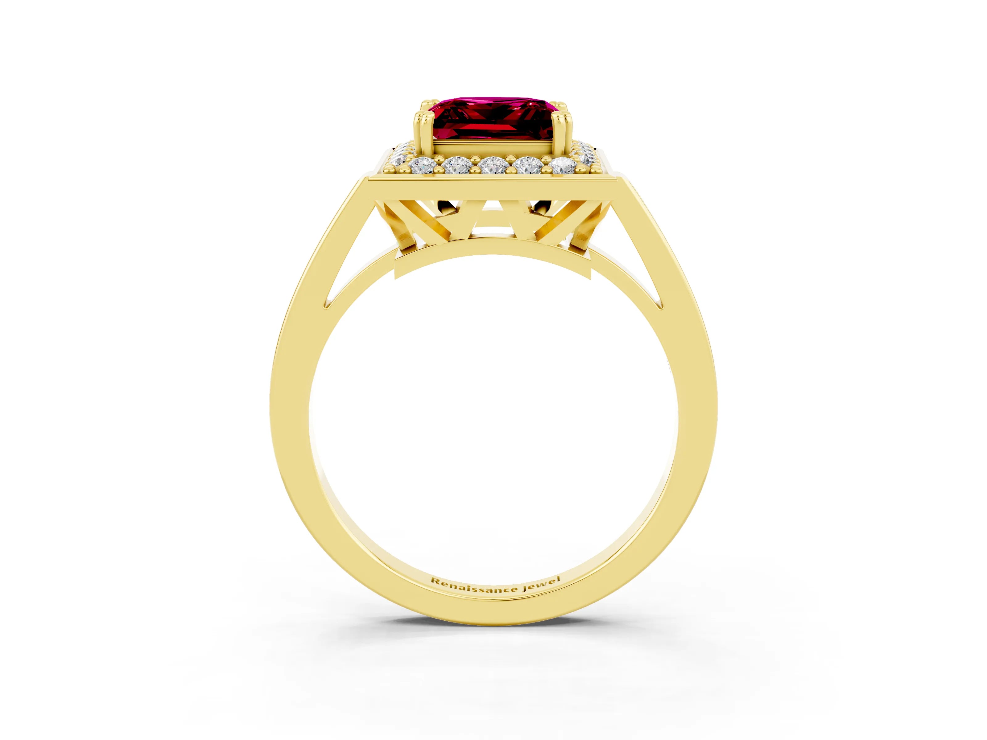 Yellow gold Princess Cut Garnet Halo Ring with Split Shank and Four-Prong Setting_3