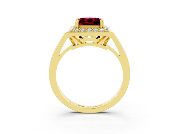 Yellow gold Princess Cut Garnet Halo Ring with Split Shank and Four-Prong Setting