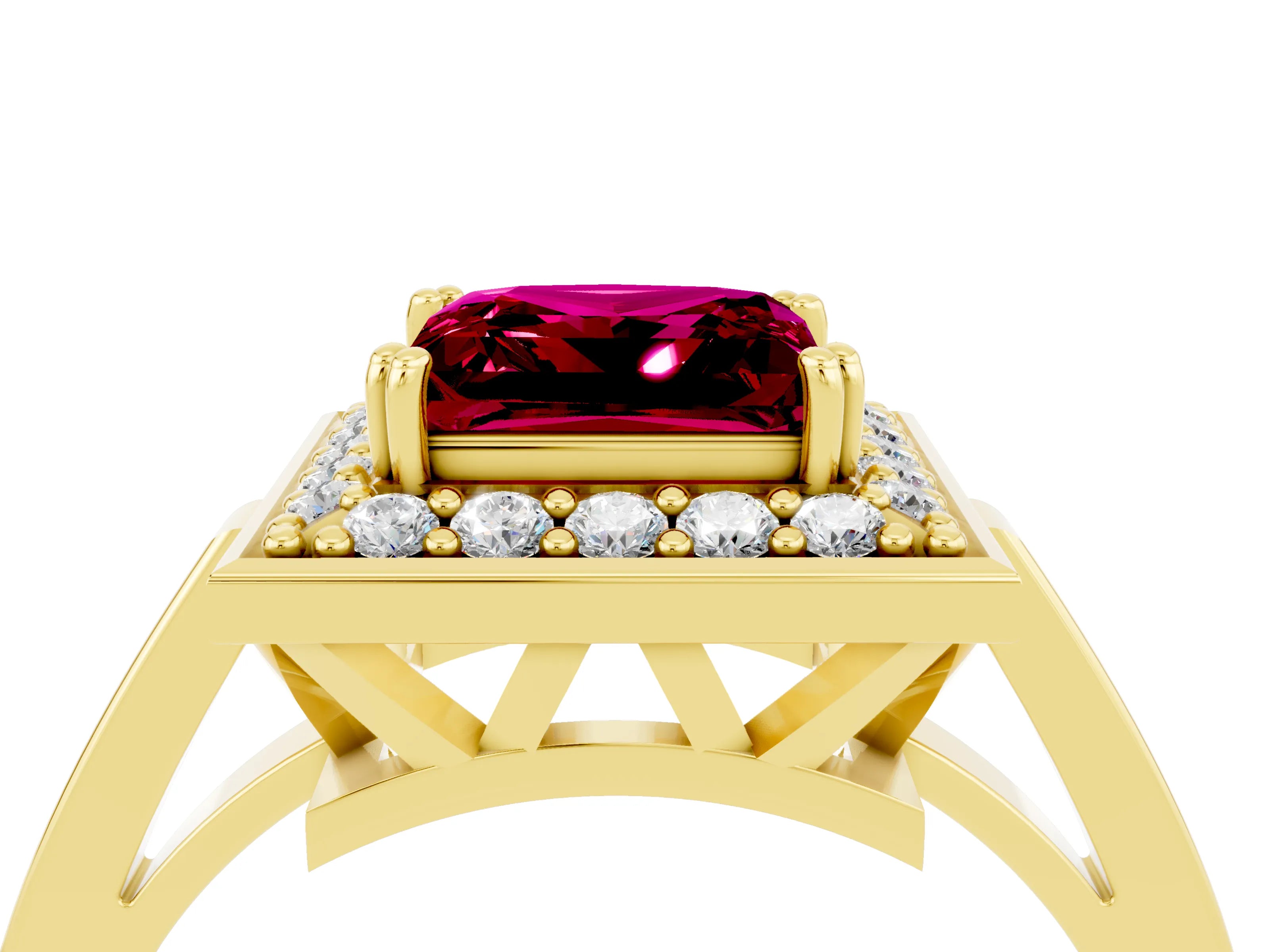 Yellow gold Princess Cut Garnet Halo Ring with Split Shank and Four-Prong Setting_4