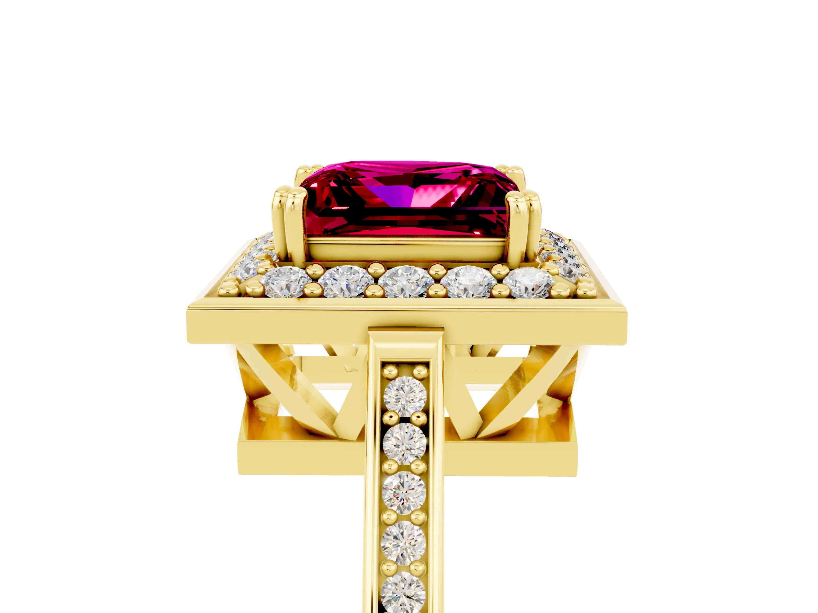 Yellow gold Princess Cut Garnet Halo Ring with Split Shank and Four-Prong Setting_5