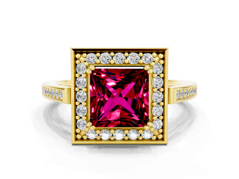 Yellow gold Princess Cut Garnet Halo Ring with Split Shank and Four-Prong Setting