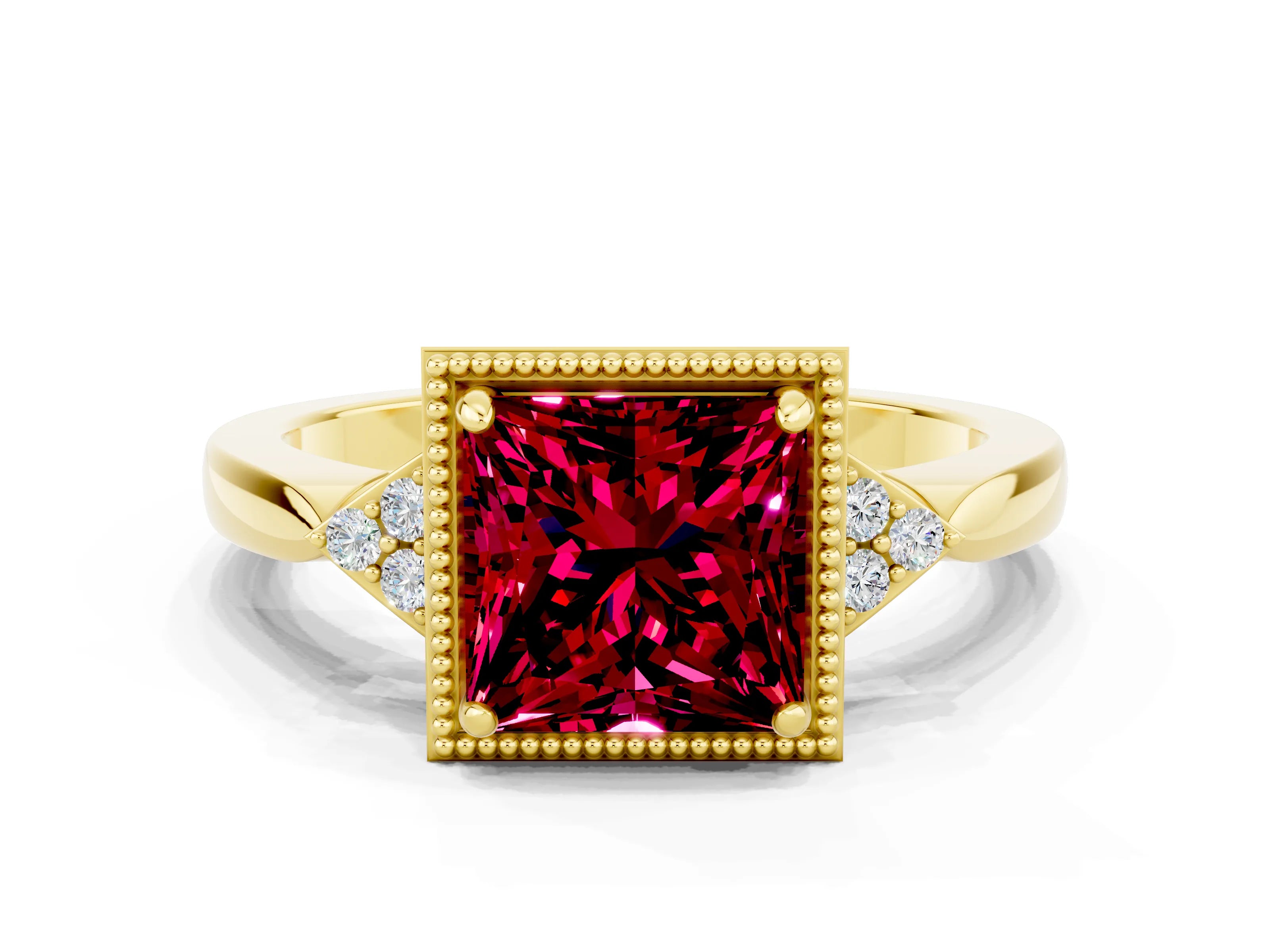 Yellow gold Princess Cut Garnet Halo Ring with Tapered Band and Four-Prong Setting
