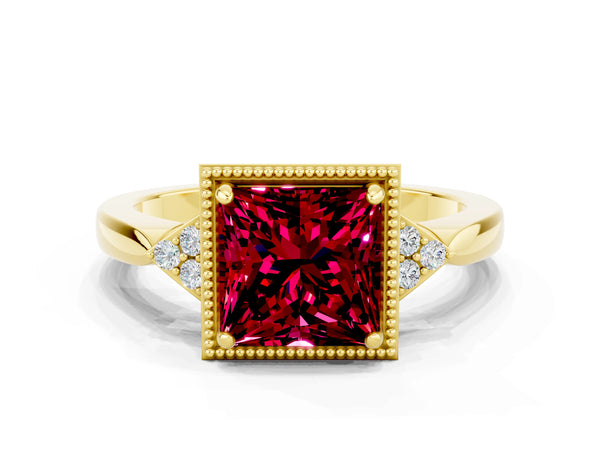 Yellow gold Princess Cut Garnet Halo Ring with Tapered Band and Four-Prong Setting