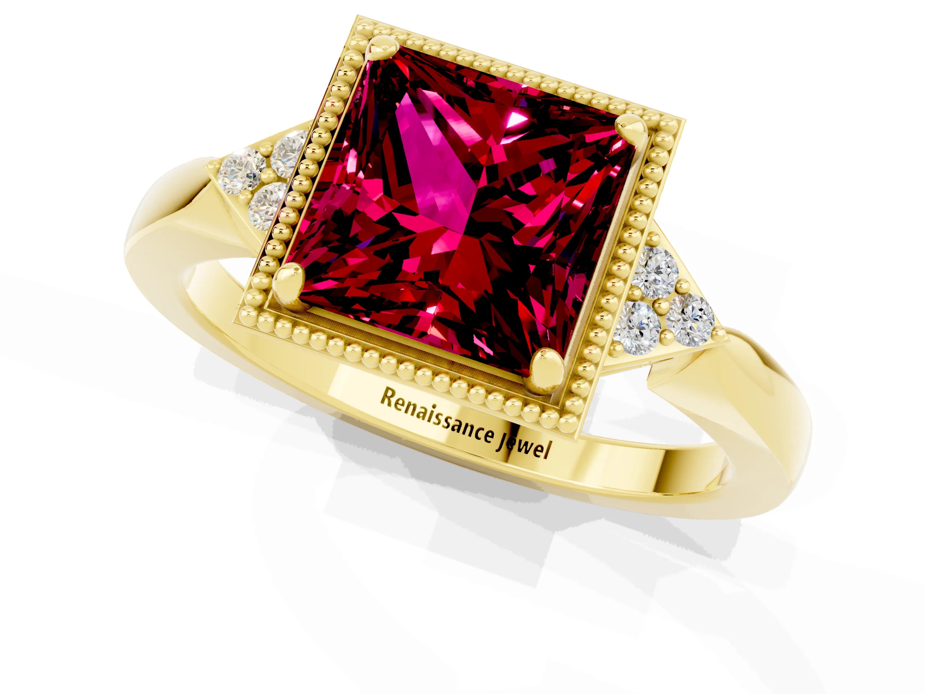 Yellow gold Princess Cut Garnet Halo Ring with Tapered Band and Four-Prong Setting_1