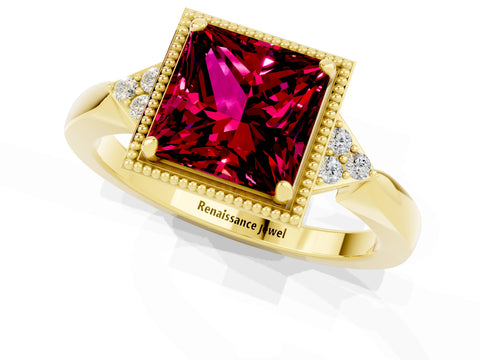 Yellow gold Princess Cut Garnet Halo Ring with Tapered Band and Four-Prong Setting_1
