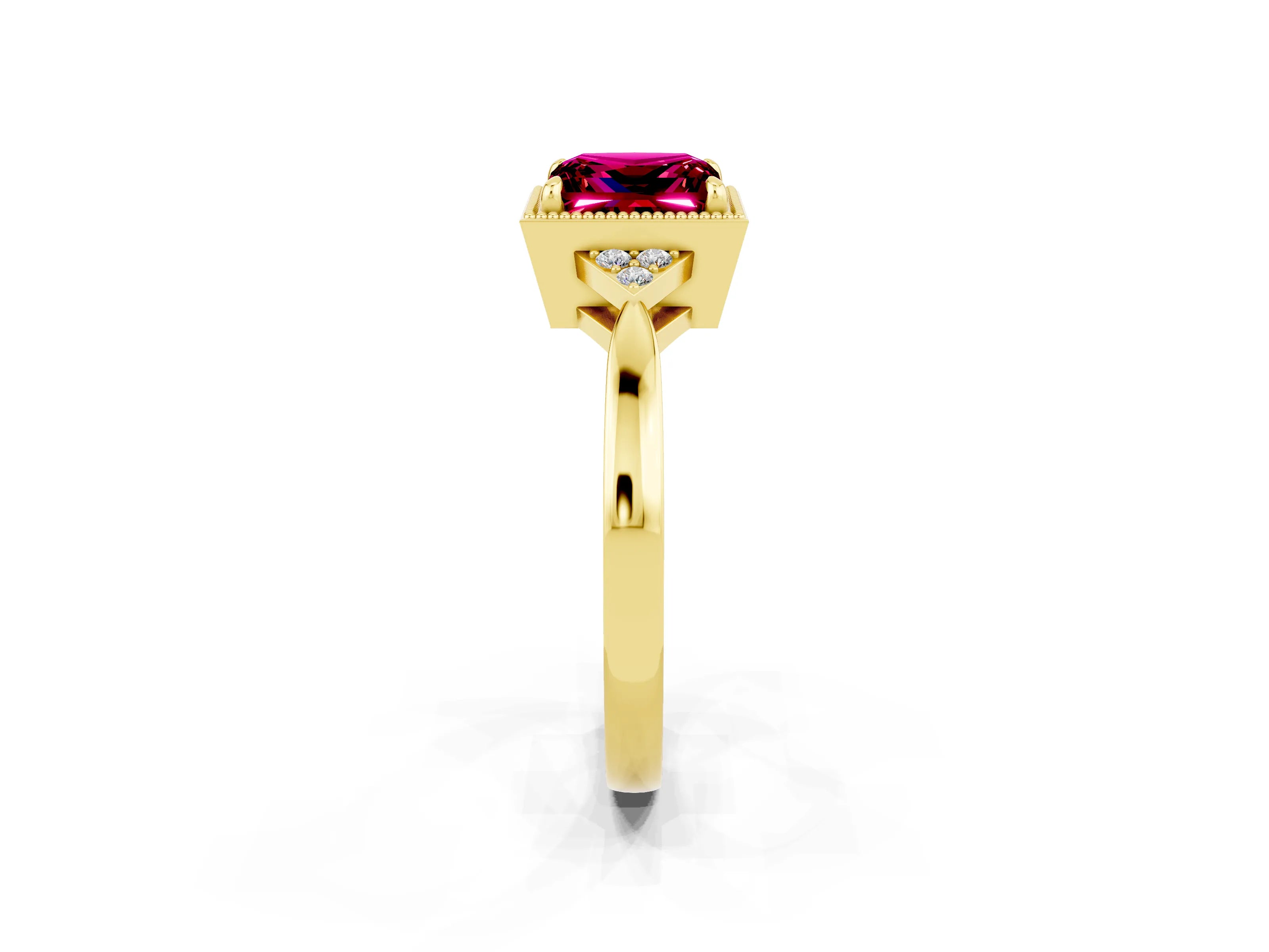 Yellow gold Princess Cut Garnet Halo Ring with Tapered Band and Four-Prong Setting_2