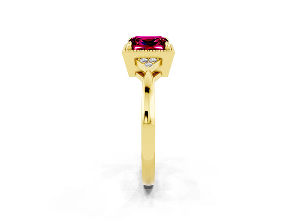 Yellow gold Princess Cut Garnet Halo Ring with Tapered Band and Four-Prong Setting