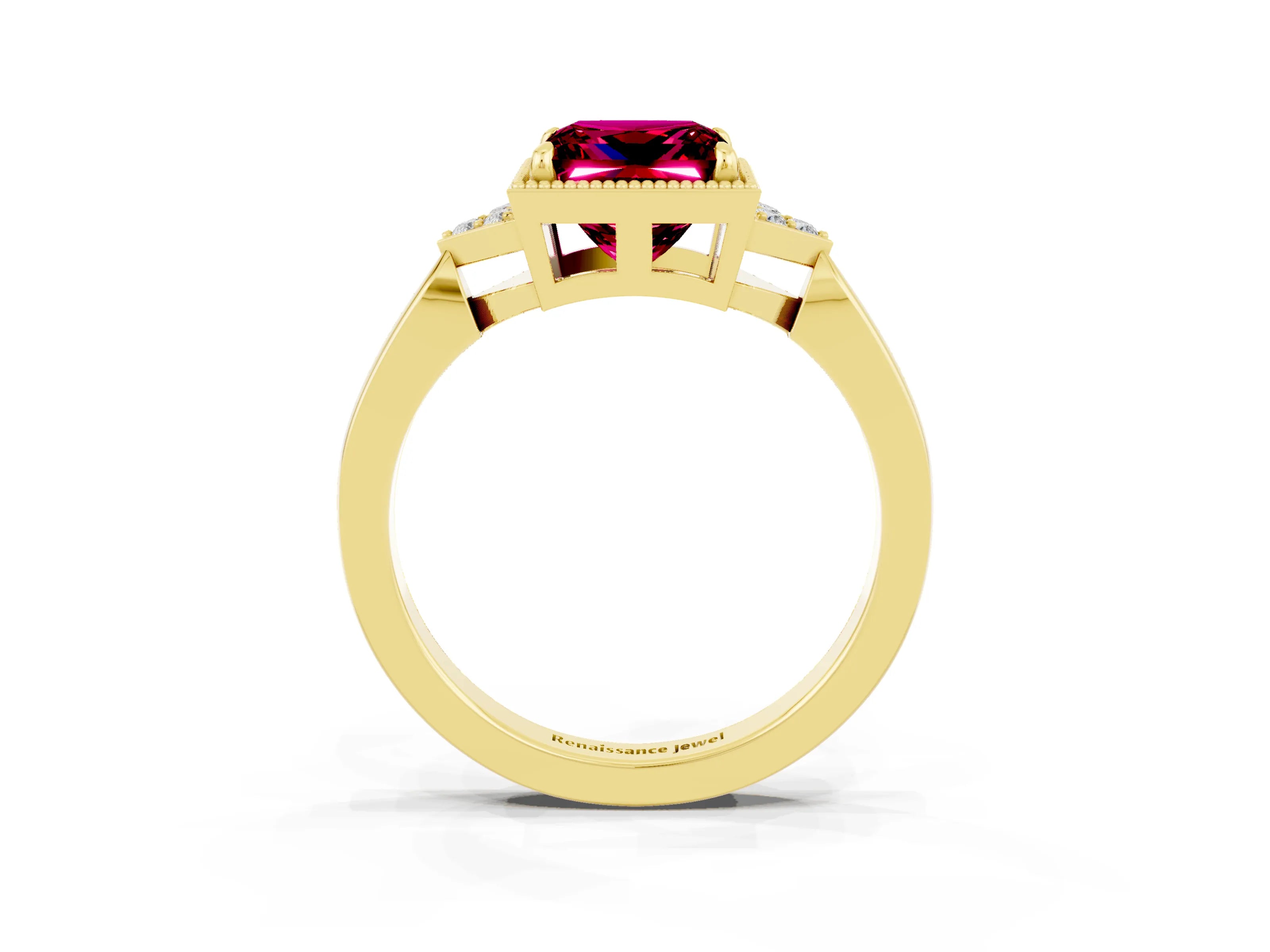 Yellow gold Princess Cut Garnet Halo Ring with Tapered Band and Four-Prong Setting_3