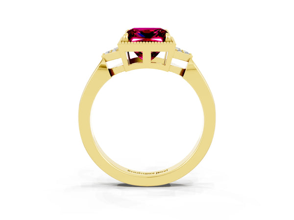 Yellow gold Princess Cut Garnet Halo Ring with Tapered Band and Four-Prong Setting