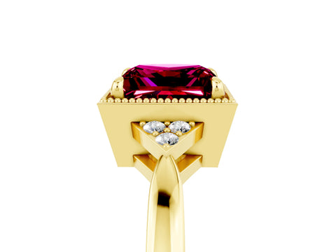 Yellow gold Princess Cut Garnet Halo Ring with Tapered Band and Four-Prong Setting_5