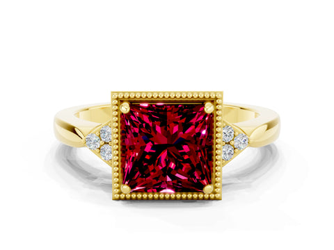 Yellow gold Princess Cut Garnet Halo Ring with Tapered Band and Four-Prong Setting