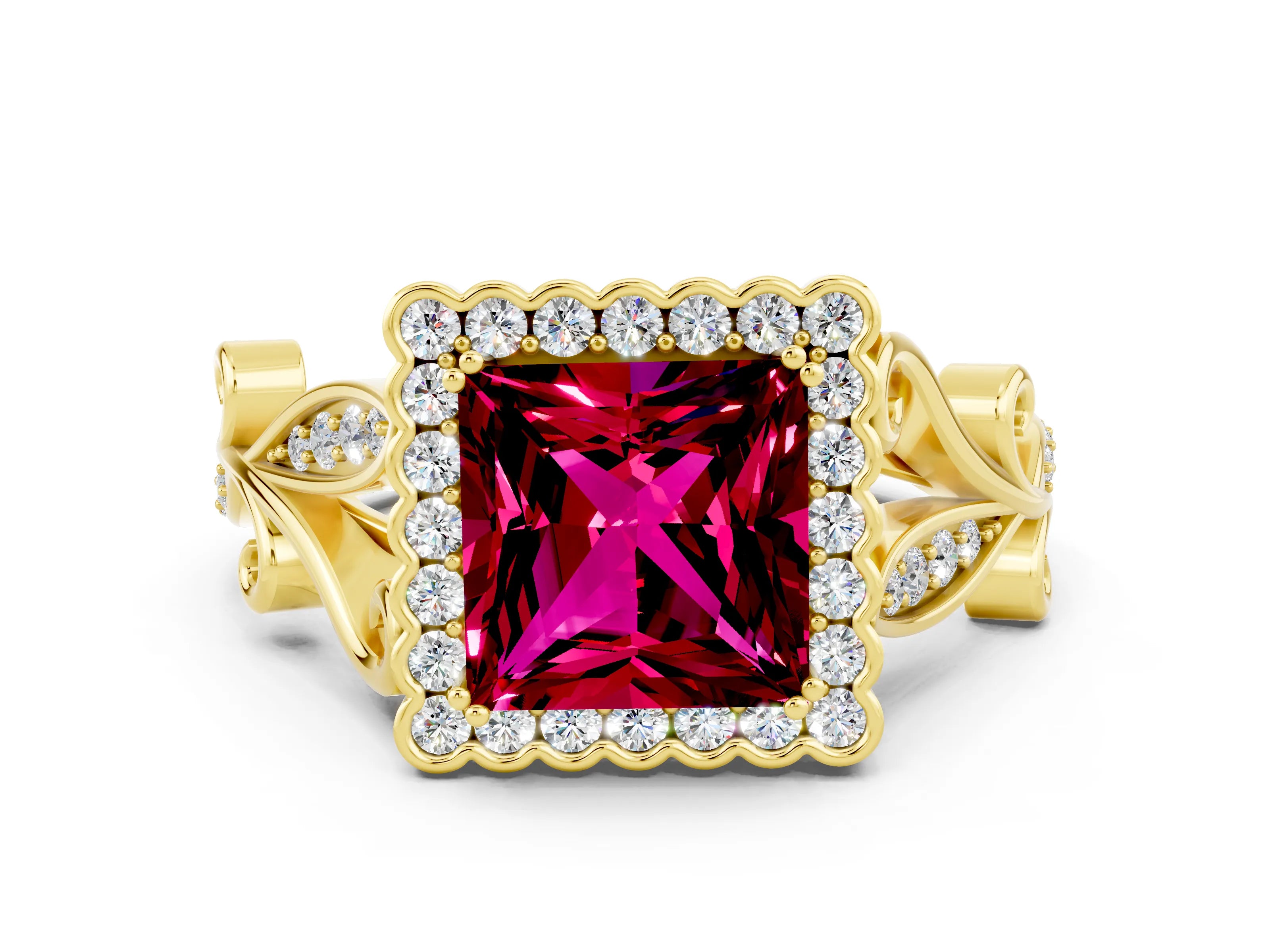 Yellow gold Princess Cut Garnet Halo Ring with Vintage Split Shank and Four-Prong Setting