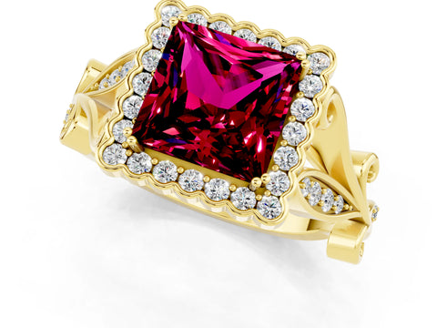 Yellow gold Princess Cut Garnet Halo Ring with Vintage Split Shank and Four-Prong Setting_1