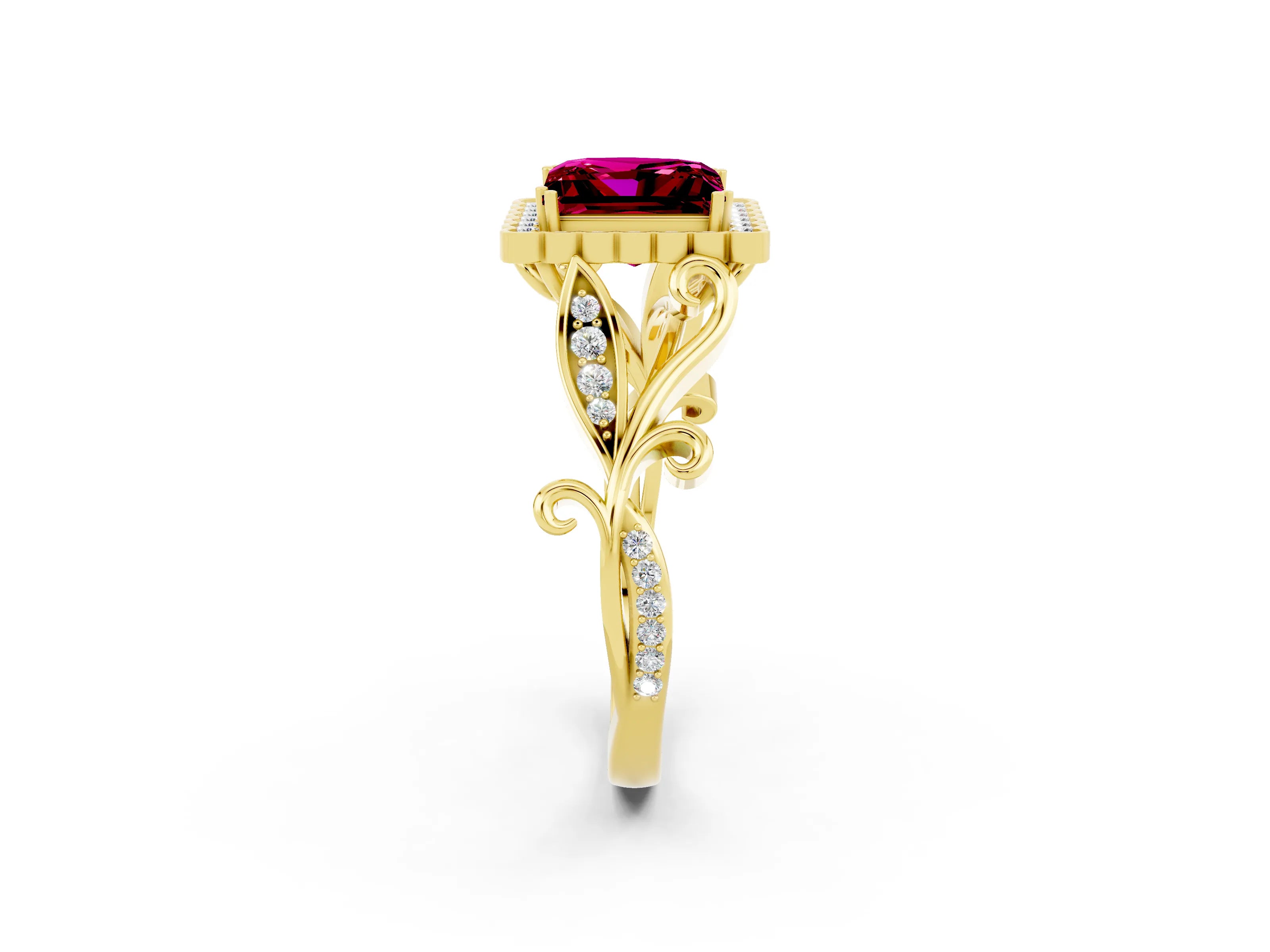 Yellow gold Princess Cut Garnet Halo Ring with Vintage Split Shank and Four-Prong Setting_2