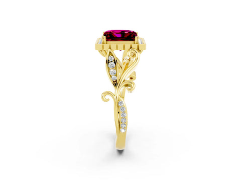 Yellow gold Princess Cut Garnet Halo Ring with Vintage Split Shank and Four-Prong Setting_2