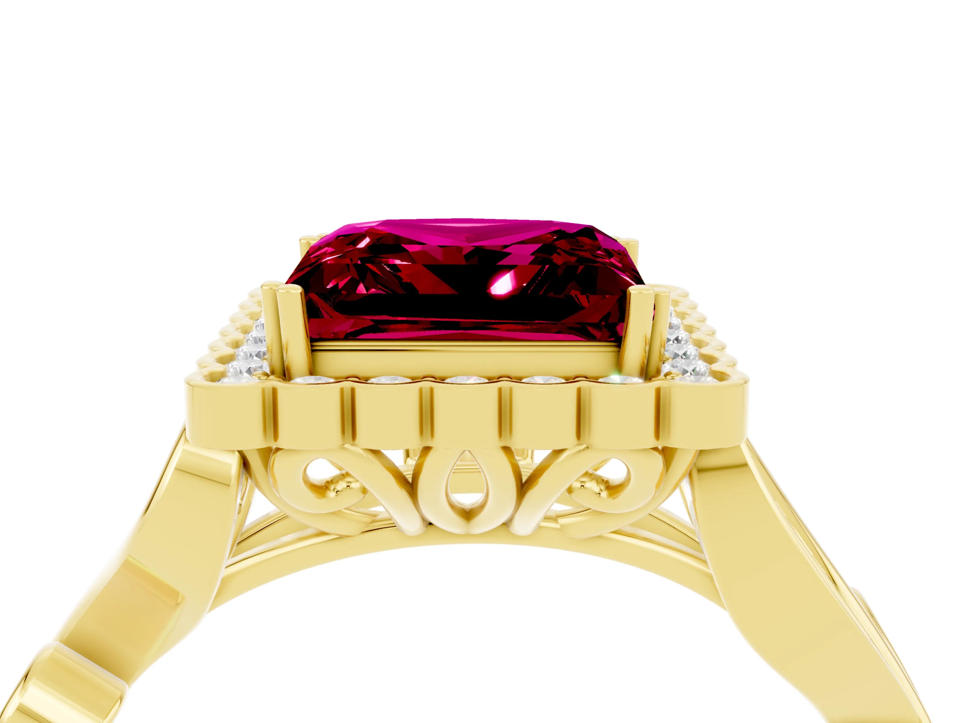 Yellow gold Princess Cut Garnet Halo Ring with Vintage Split Shank and Four-Prong Setting_4