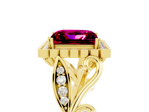 Yellow gold Princess Cut Garnet Halo Ring with Vintage Split Shank and Four-Prong Setting_5