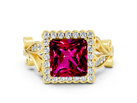 Yellow gold Princess Cut Garnet Halo Ring with Vintage Split Shank and Four-Prong Setting