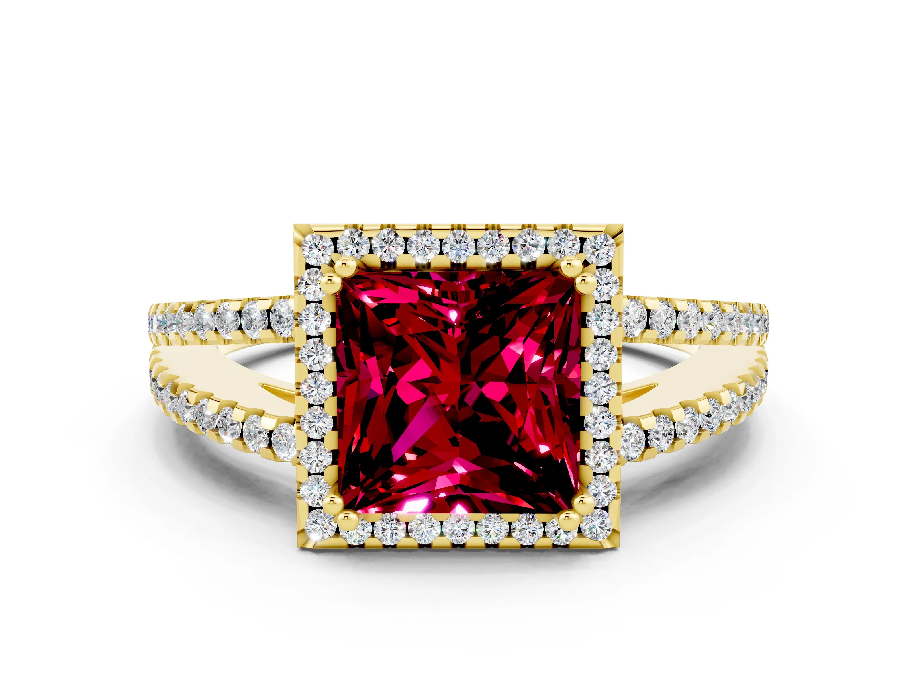 Yellow gold Princess Cut Garnet Halo Split Shank Engagement Ring_12