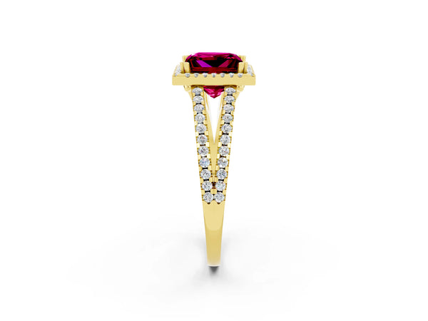 Yellow gold Princess Cut Garnet Halo Split Shank Engagement Ring