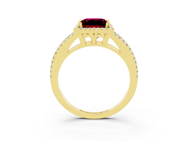 Yellow gold Princess Cut Garnet Halo Split Shank Engagement Ring