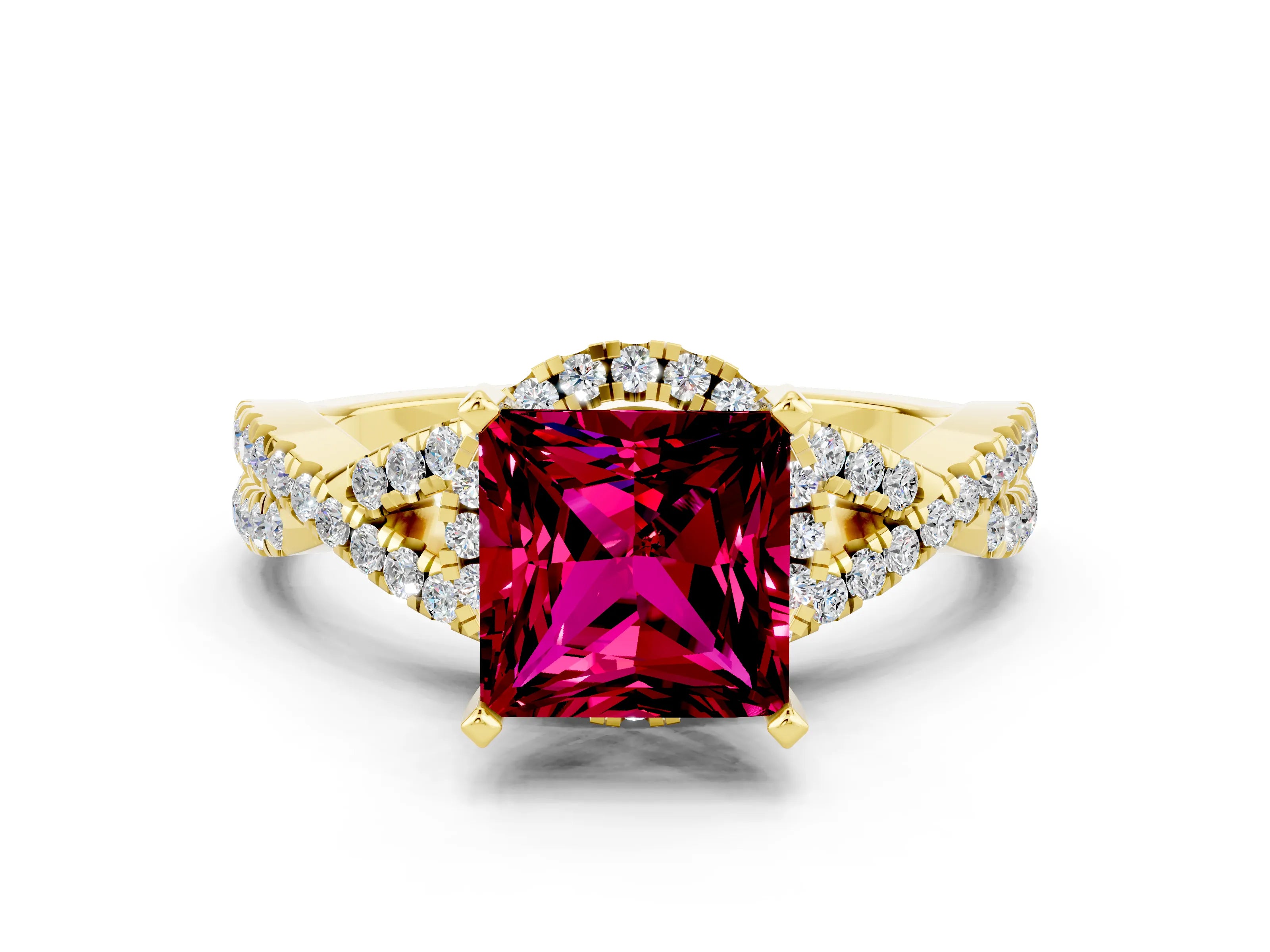 Yellow gold Princess Cut Garnet Halo Twist Band Solitaire Prong Setting Ring
