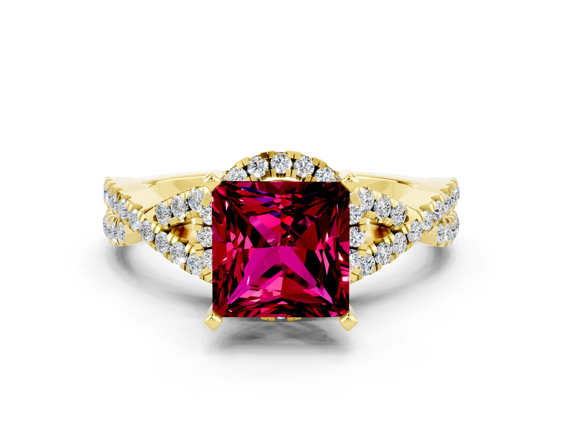 Yellow gold Princess Cut Garnet Halo Twist Band Solitaire Prong Setting Ring