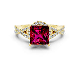Yellow gold Princess Cut Garnet Halo Twist Band Solitaire Prong Setting Ring